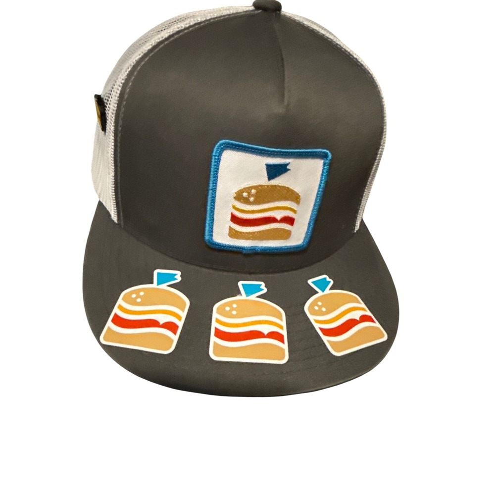 Yupoong SuperDeluxe Burger Trucker Hat Gray White Mesh Snapback Pins Patch Cap
